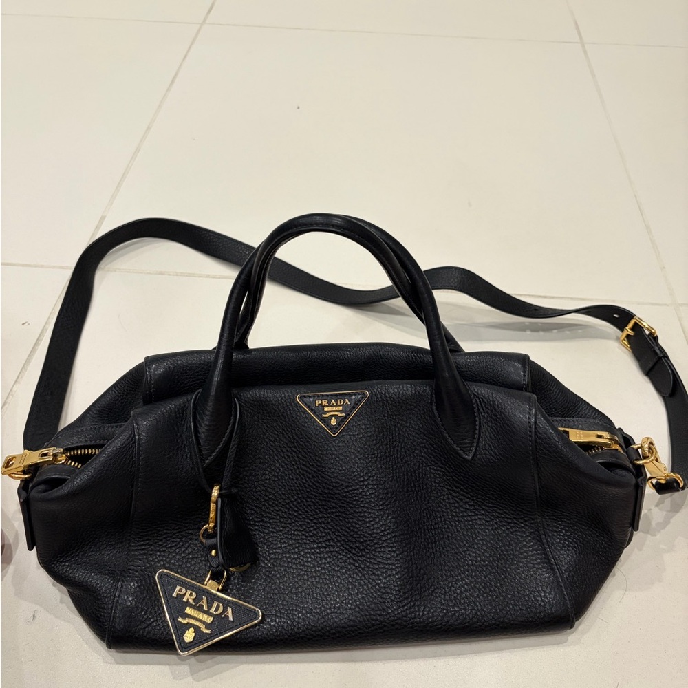 Prada Black Leather Shoulder Bag with Gold Accents